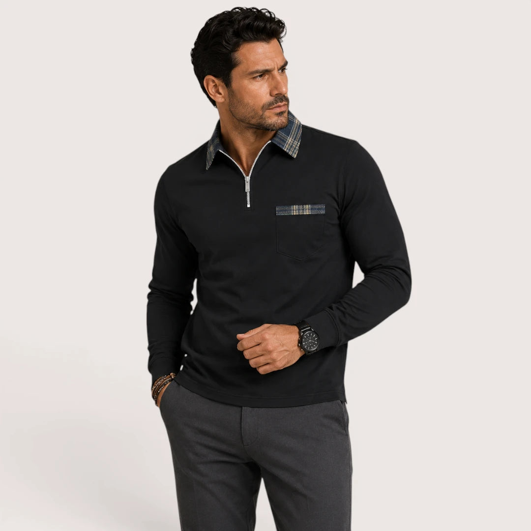 Calvin | Men’s Polo Shirt with Zip Collar and Check Detail