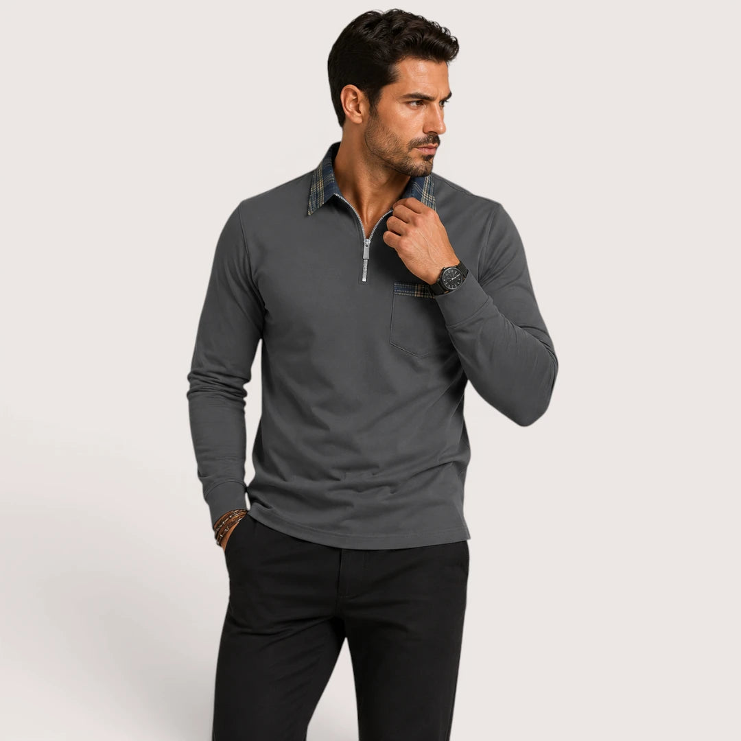 Calvin | Men’s Polo Shirt with Zip Collar and Check Detail
