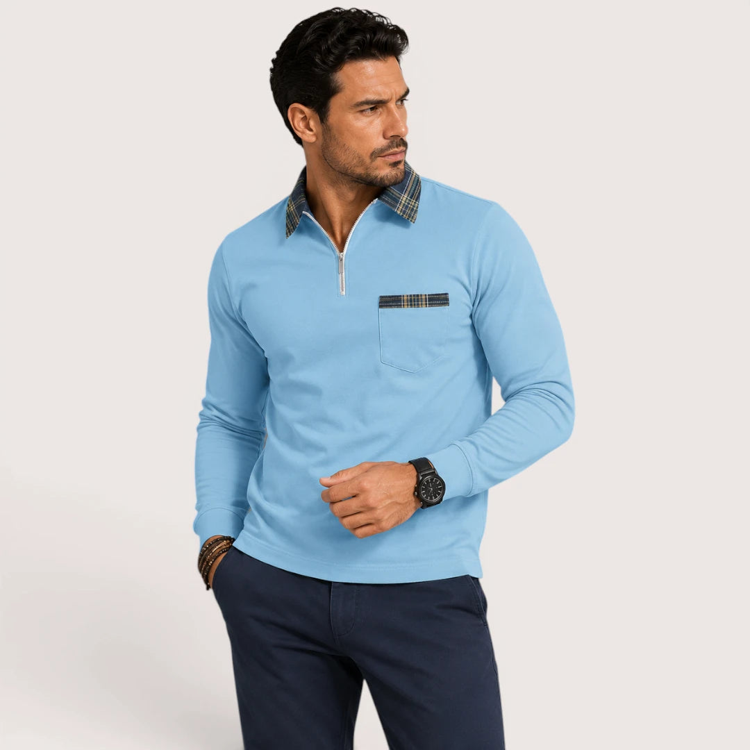 Calvin | Men’s Polo Shirt with Zip Collar and Check Detail