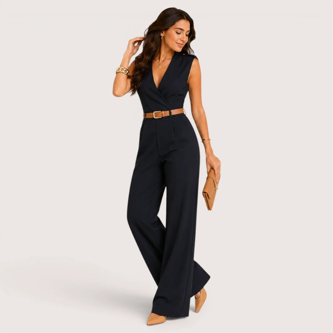 Elvoria | Women’s V-Neck Jumpsuit with Wide-Leg Trousers