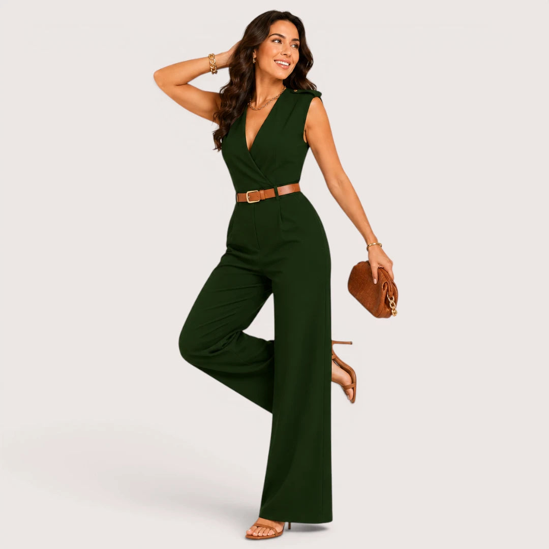 Elvoria | Women’s V-Neck Jumpsuit with Wide-Leg Trousers