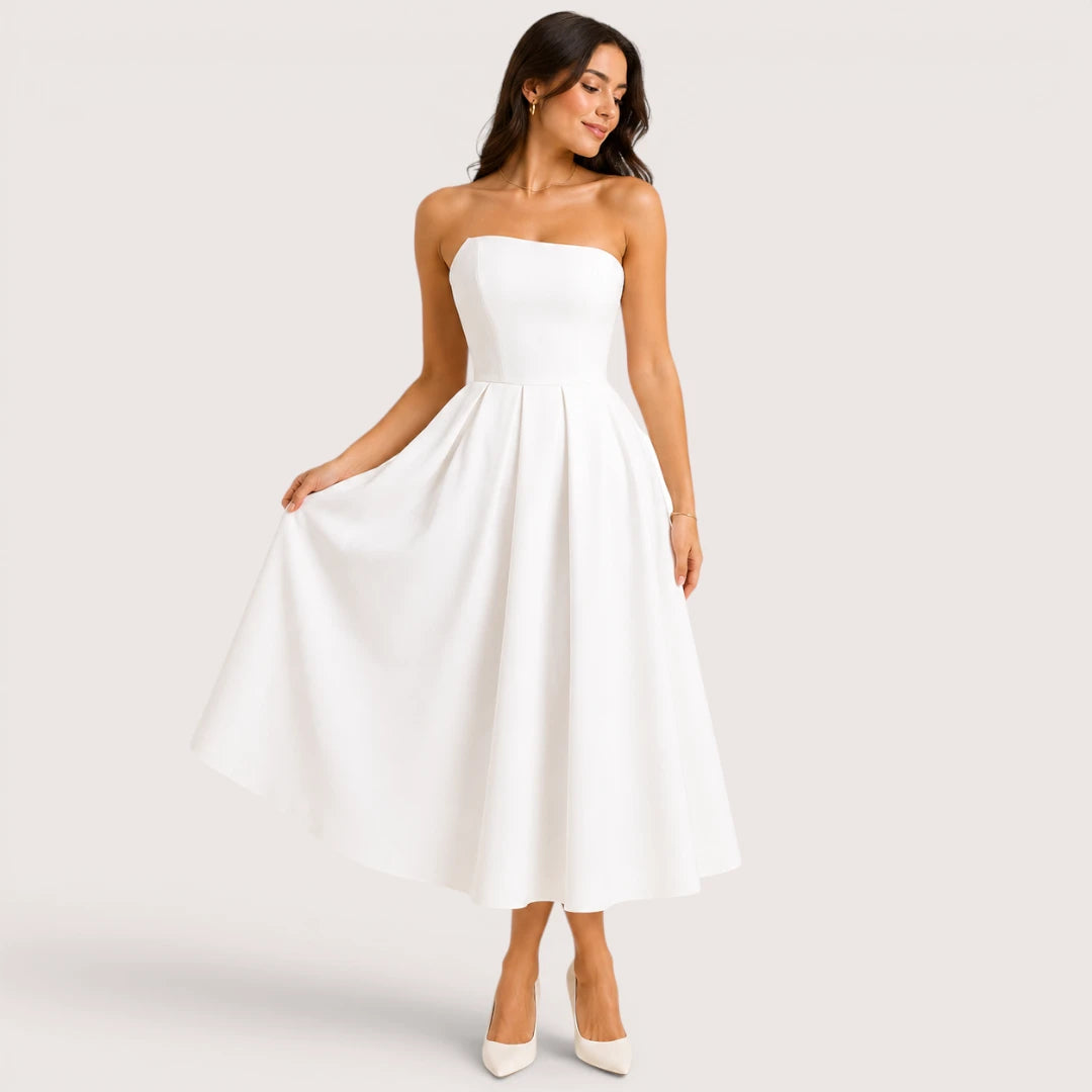 Claire | Women’s Strapless Pleated Midi Dress
