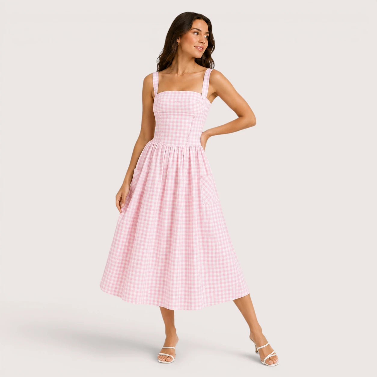 Lucy | Women’s Checkered Strap Midi Dress with Front Pockets