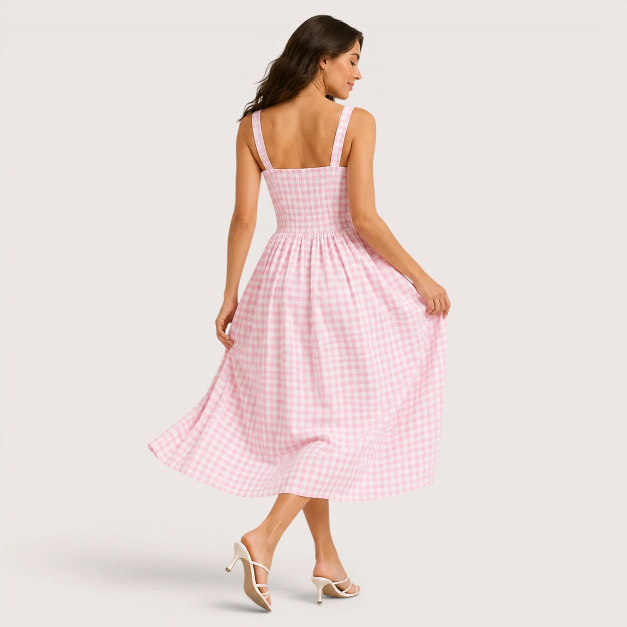 Lucy | Women’s Checkered Strap Midi Dress with Front Pockets