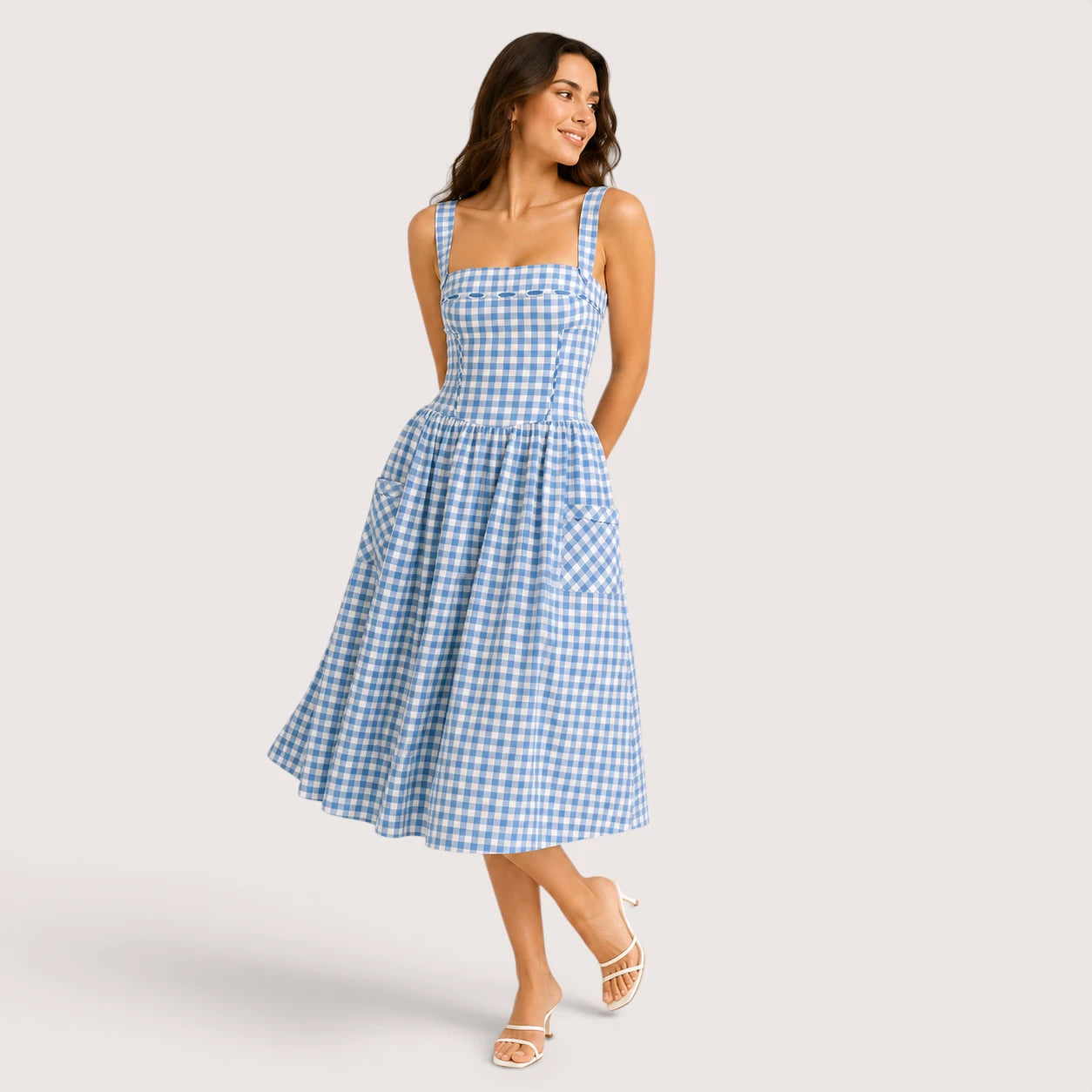 Lucy | Women’s Checkered Strap Midi Dress with Front Pockets