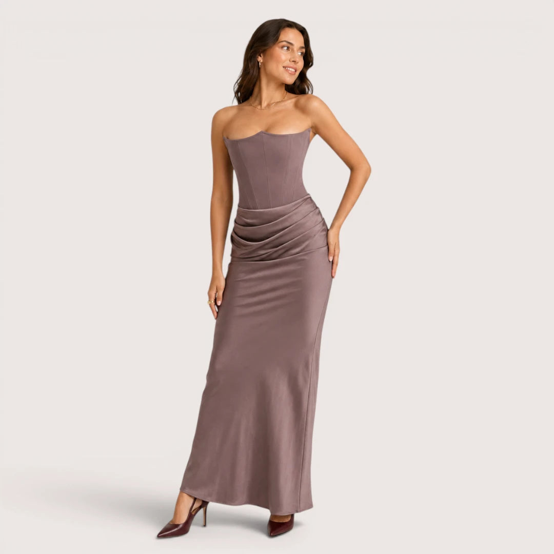 Victoria | Women’s Strapless Corset Maxi Dress with Draped Skirt