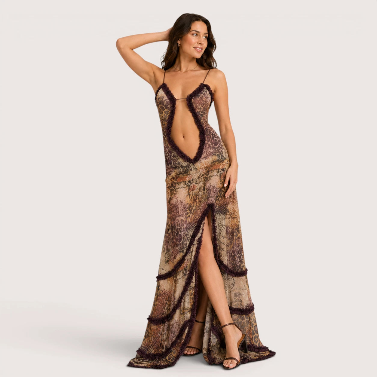 Olivia | Spaghetti Strap Printed Maxi Dress with Cut-Out Detail