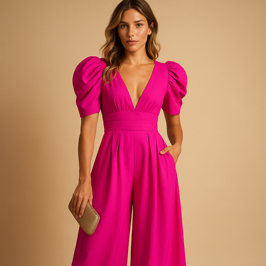 Imogen | Women’s Wide-Leg Jumpsuit with V-Neck and Puff Sleeves
