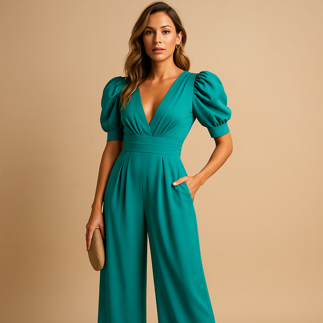 Imogen | Women’s Wide-Leg Jumpsuit with V-Neck and Puff Sleeves