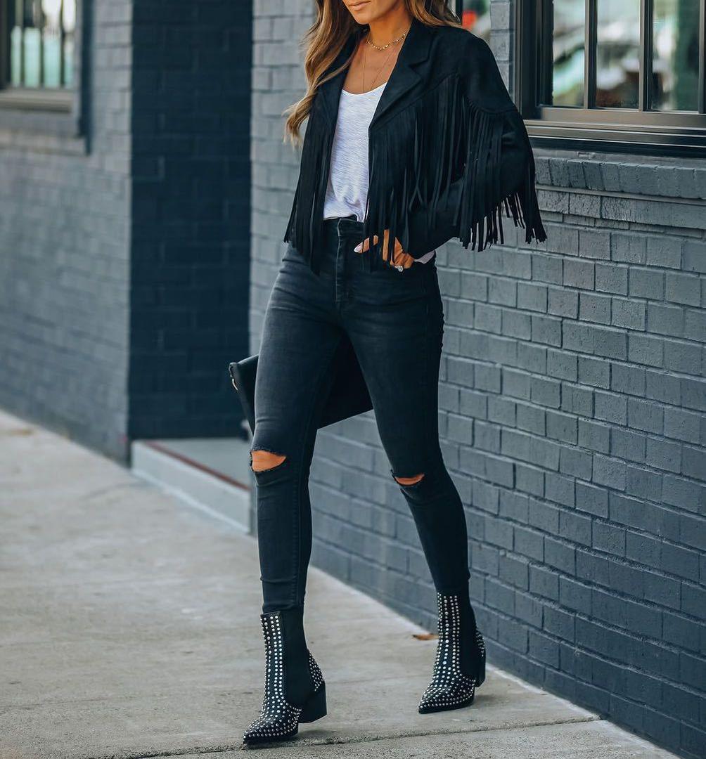 Arvella | Women’s Cropped Fringe Jacket with Lapel Collar