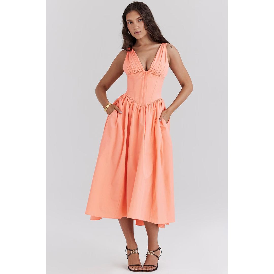 Amara | Sleeveless Floral Print Midi Dress with V-Neckline