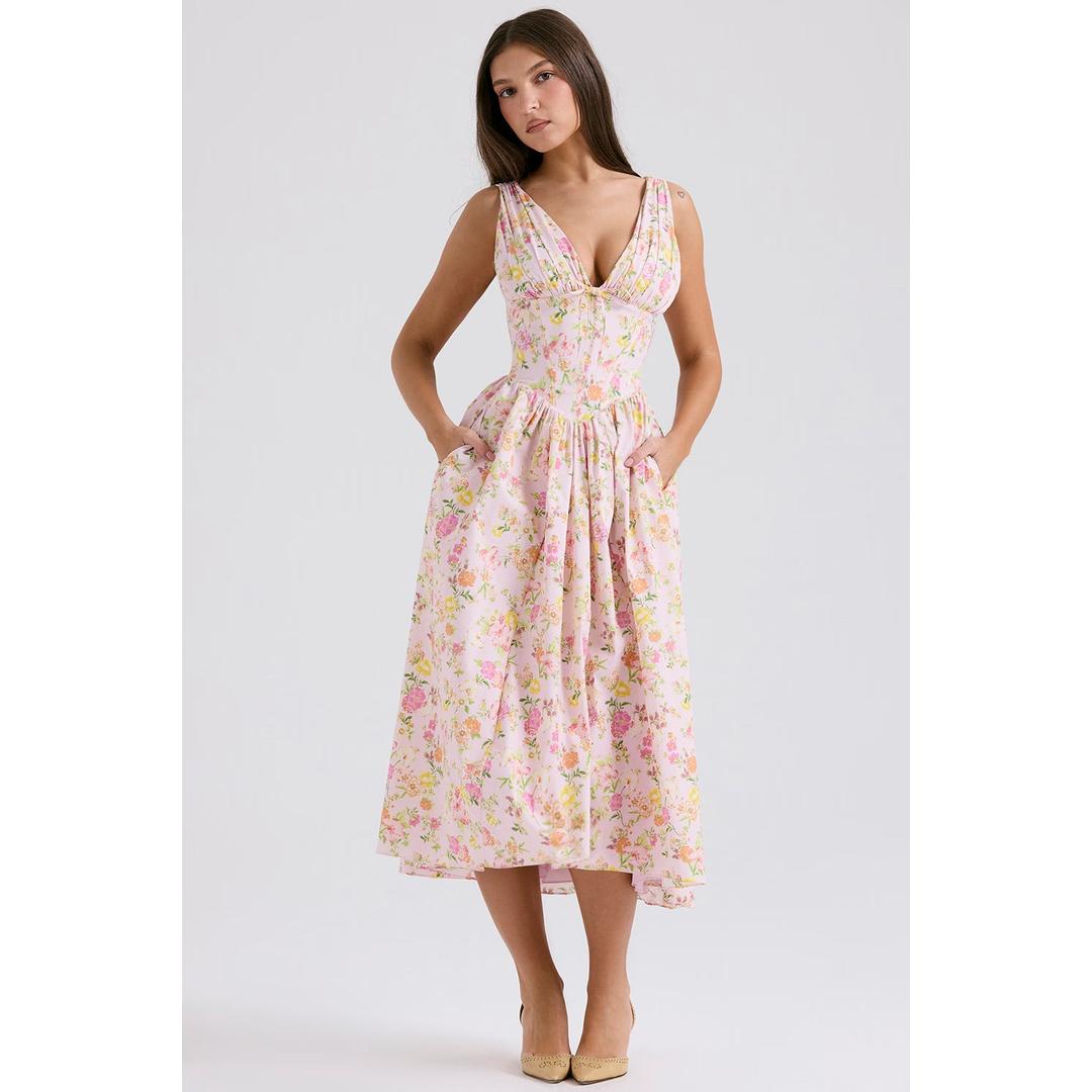 Amara | Sleeveless Floral Print Midi Dress with V-Neckline