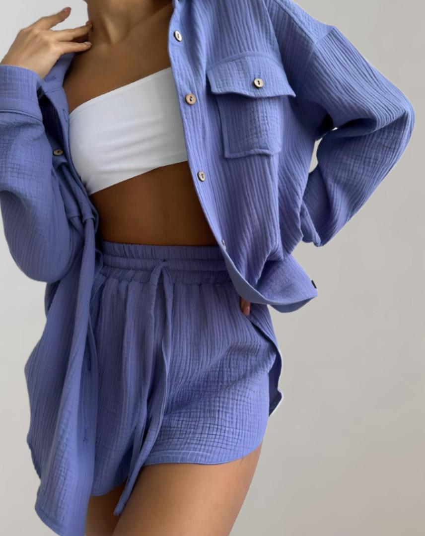 Selvara | Two-Piece Set with Shirt and Elastic Waist Shorts