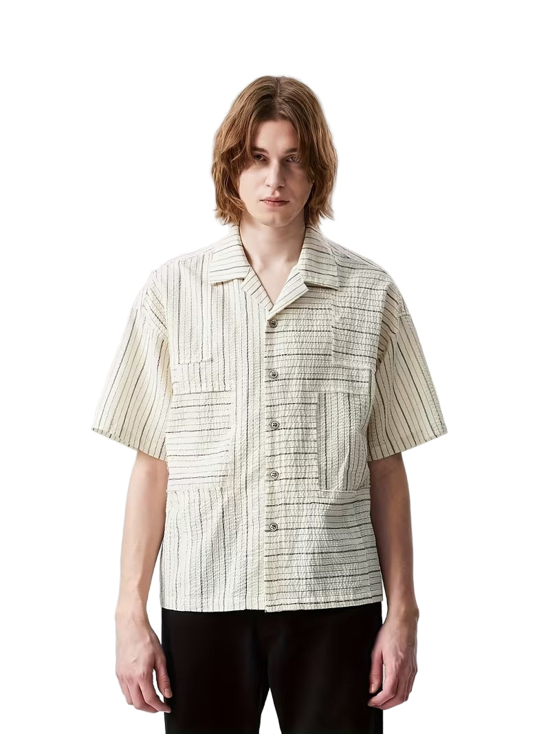 Men’s Casual Short Sleeve Shirt with Striped Texture