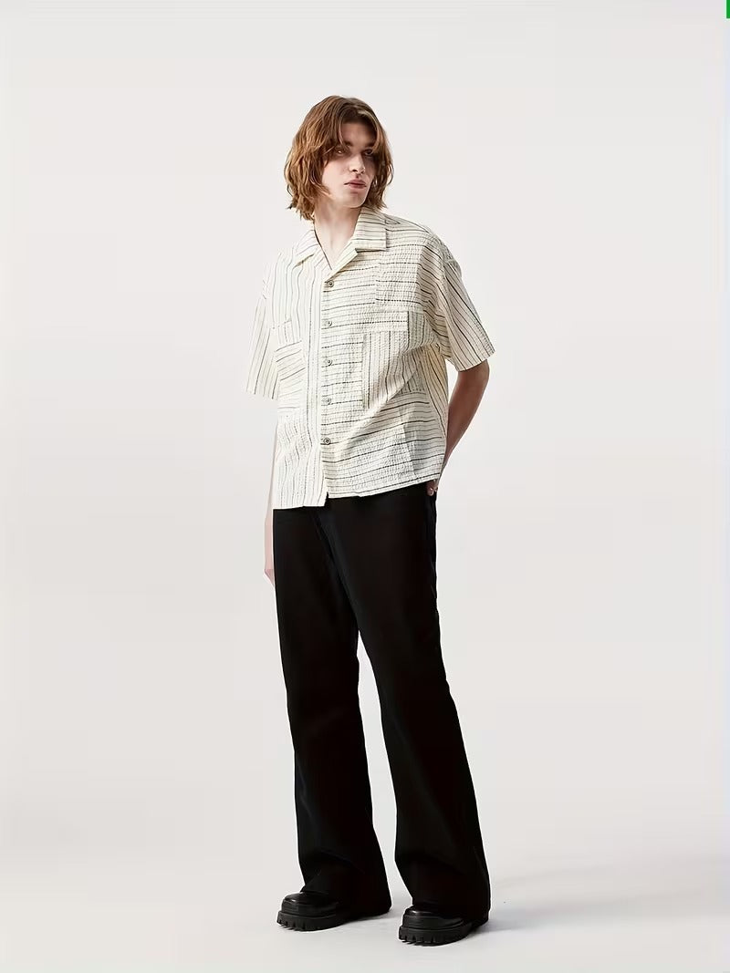 Men’s Casual Short Sleeve Shirt with Striped Texture