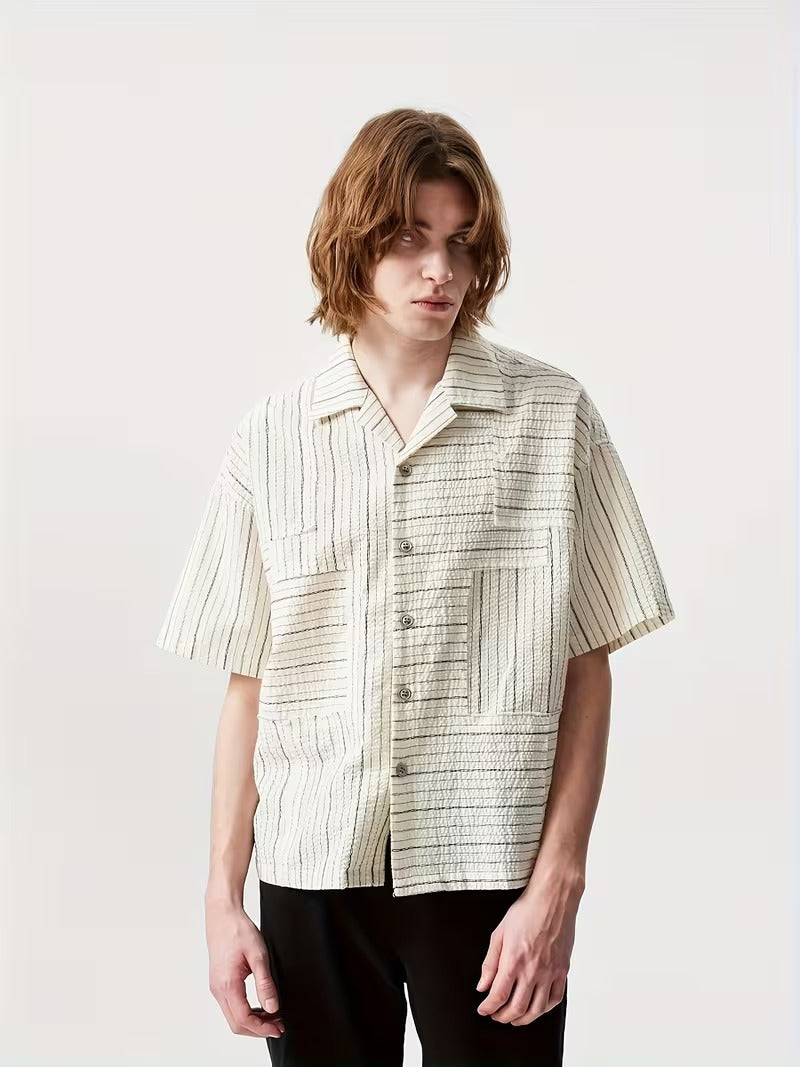 Men’s Casual Short Sleeve Shirt with Striped Texture