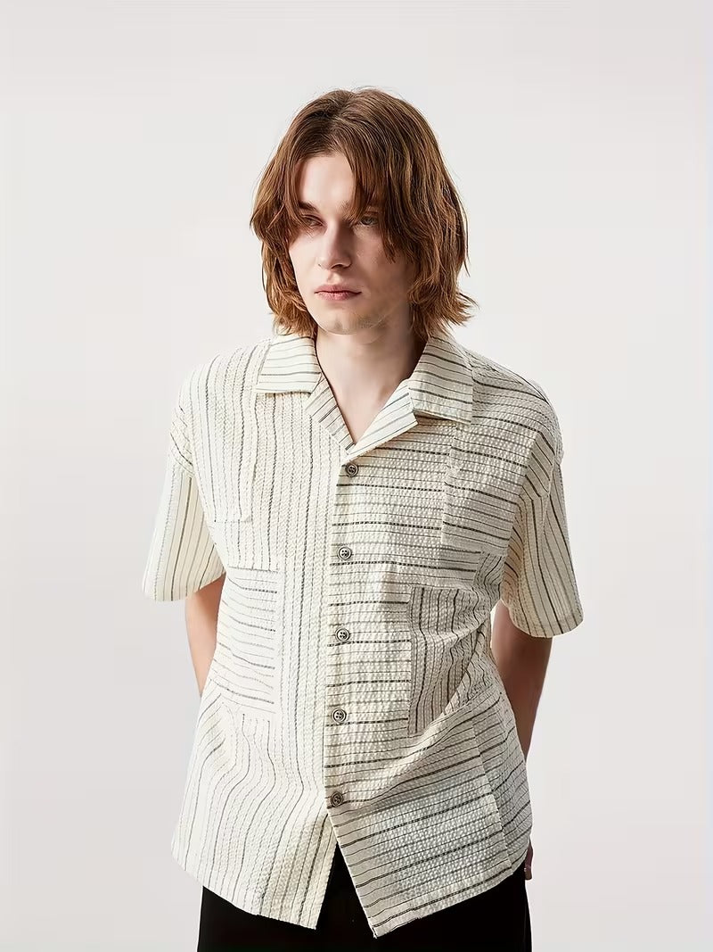 Men’s Casual Short Sleeve Shirt with Striped Texture