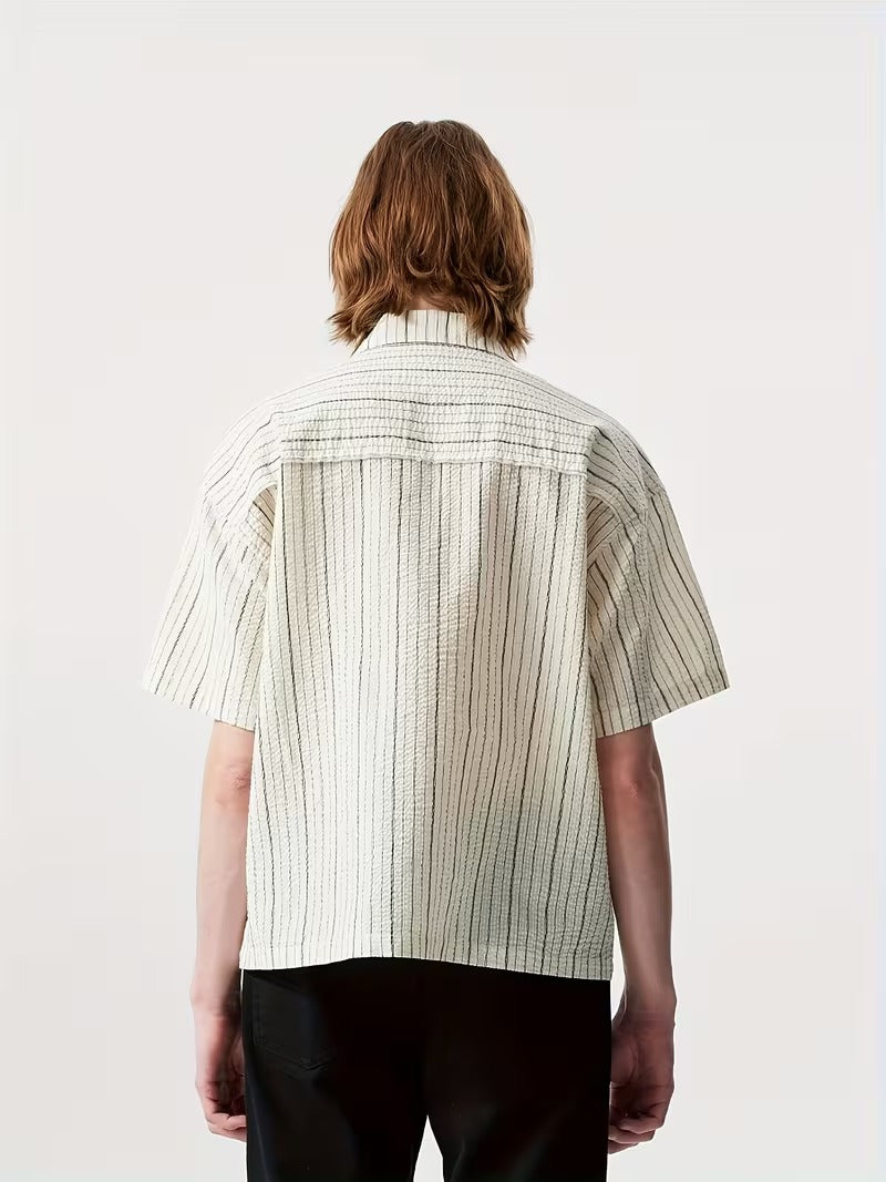 Men’s Casual Short Sleeve Shirt with Striped Texture