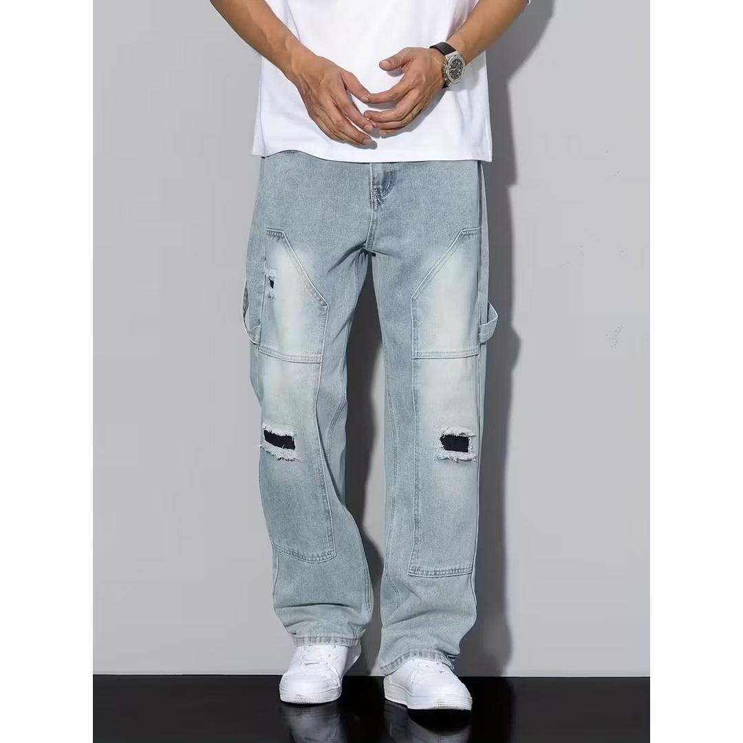 Men’s Full Length Cargo Jeans with Distressed Details