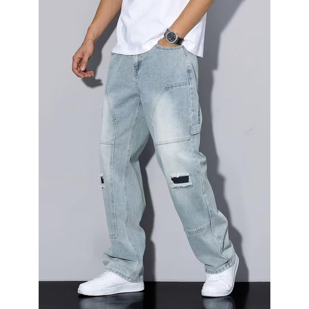 Men’s Full Length Cargo Jeans with Distressed Details