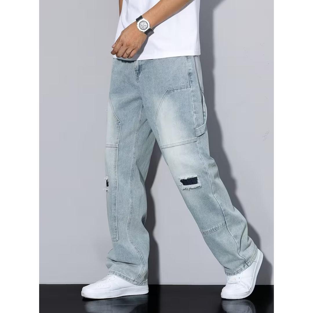 Men’s Full Length Cargo Jeans with Distressed Details