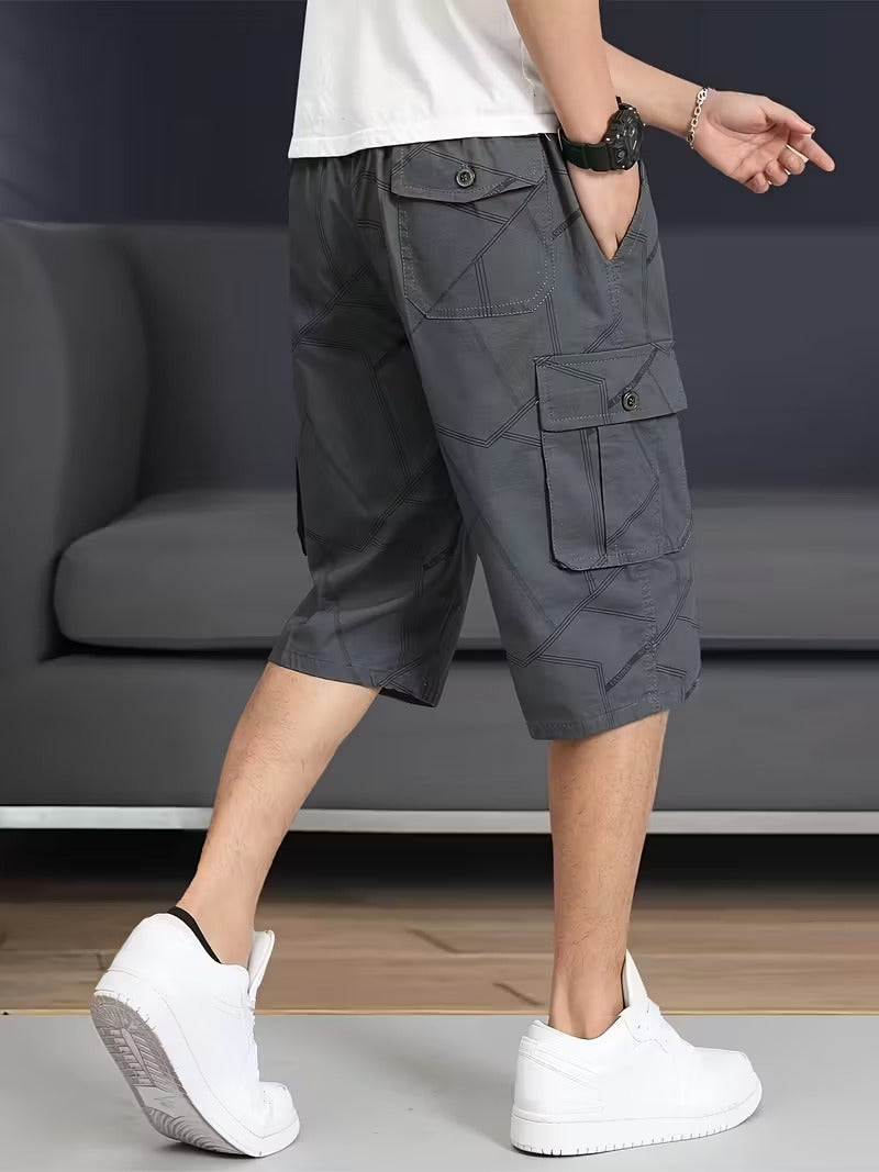 Men’s Knee Length Cargo Shorts with Geometric Stitch Pattern