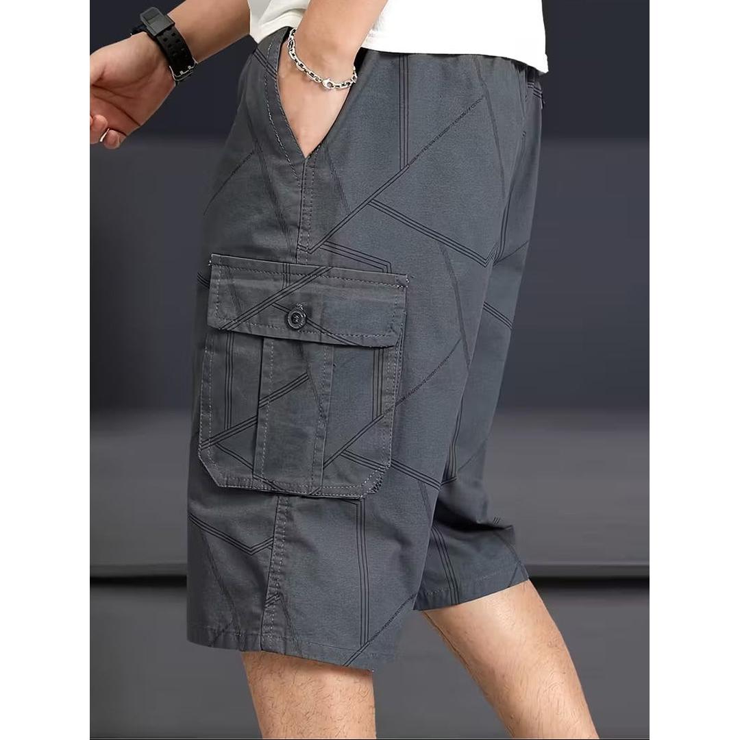 Men’s Knee Length Cargo Shorts with Geometric Stitch Pattern