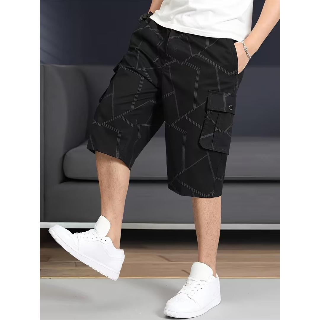 Men’s Knee Length Cargo Shorts with Geometric Stitch Pattern