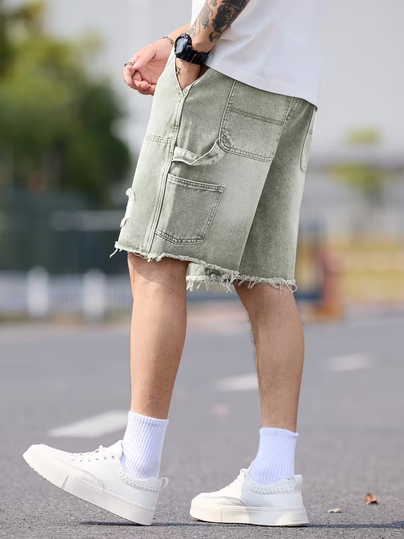 Men’s Knee Length Denim Shorts with Distressed Details