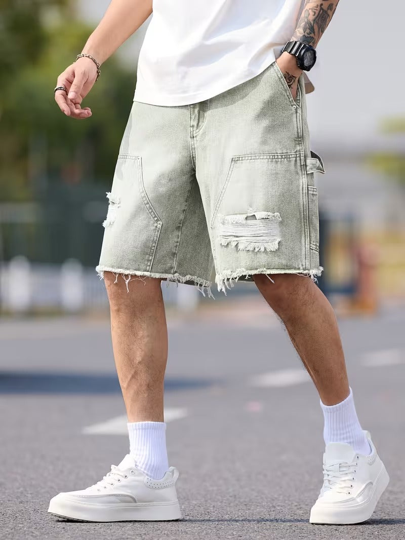Men’s Knee Length Denim Shorts with Distressed Details