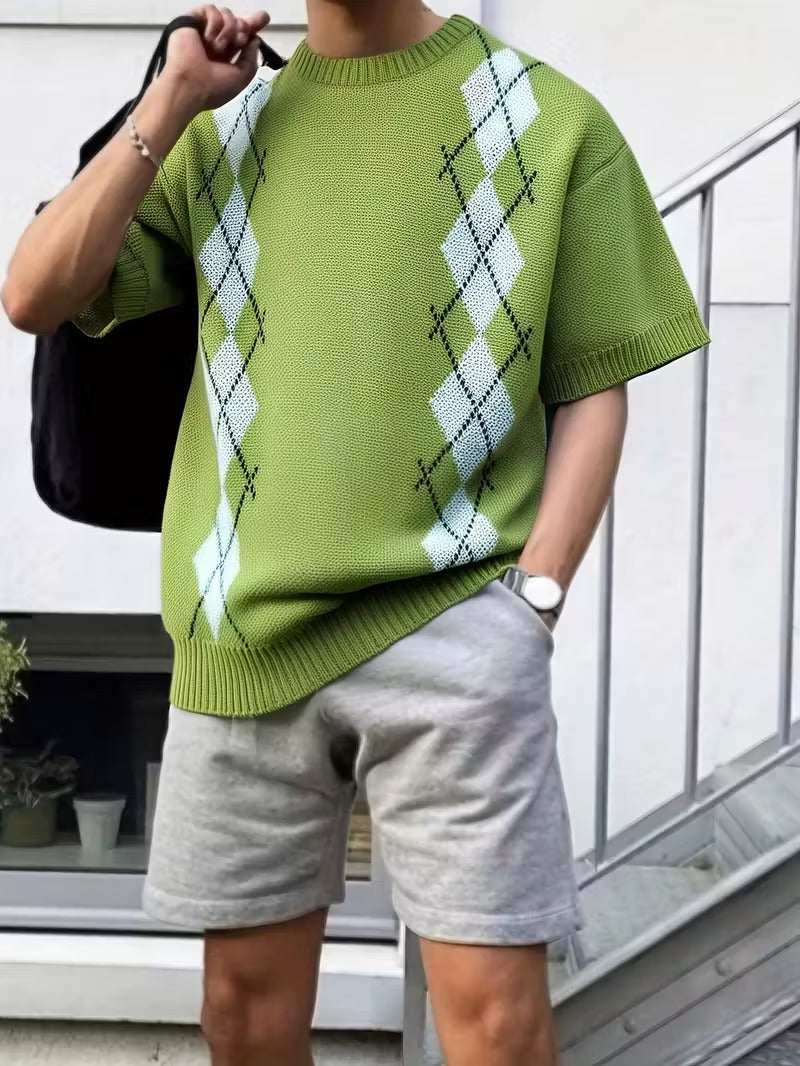 Men’s Short Sleeve Shirt with Argyle Panel Pattern