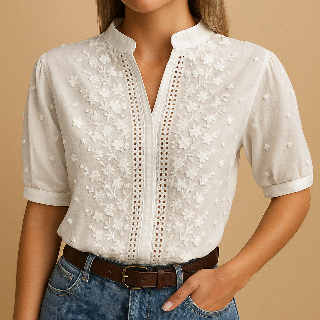 Eliza | Women’s Embroidered Short Sleeve White Blouse