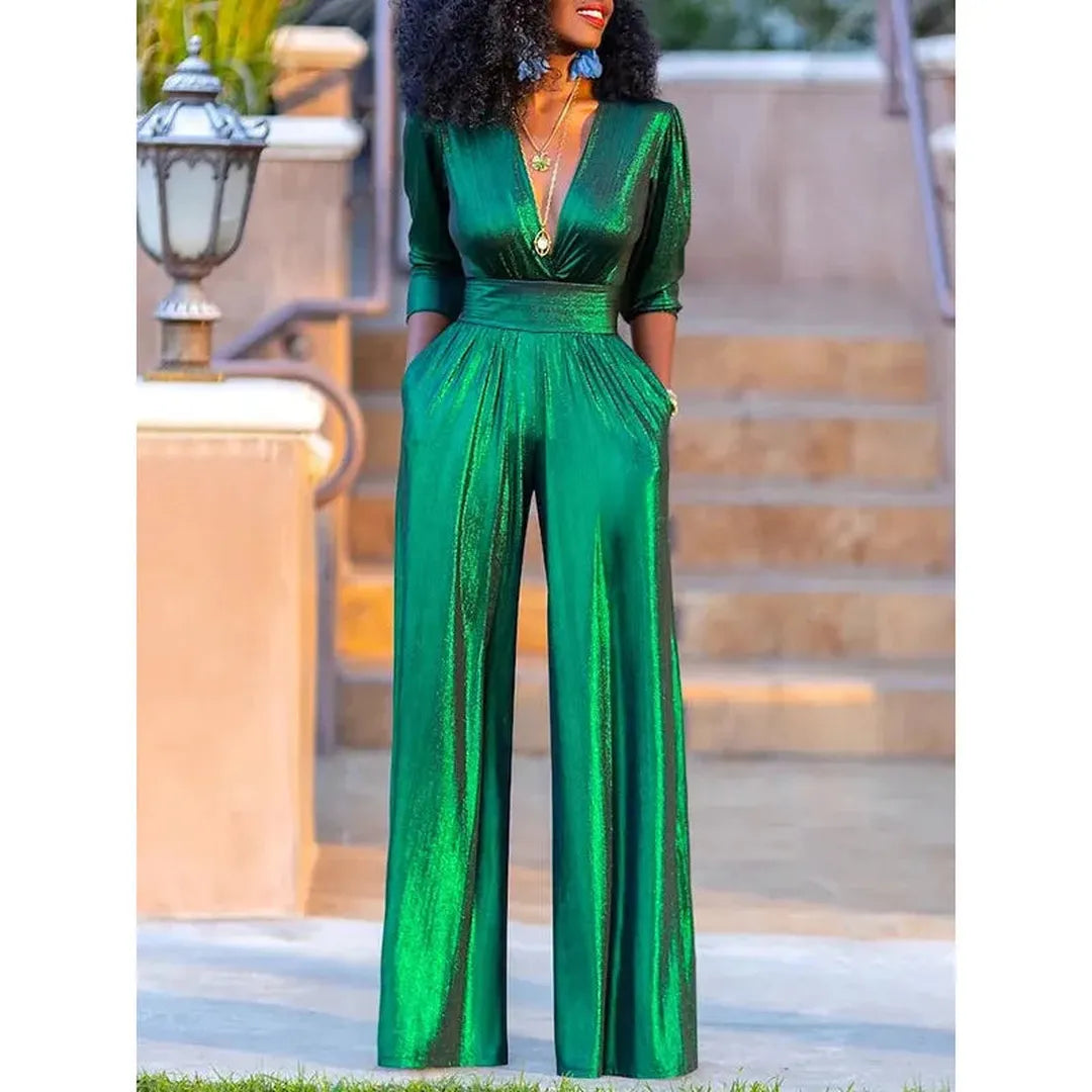 Claire | Women’s Shiny V-Neck Jumpsuit with 3/4 Sleeves