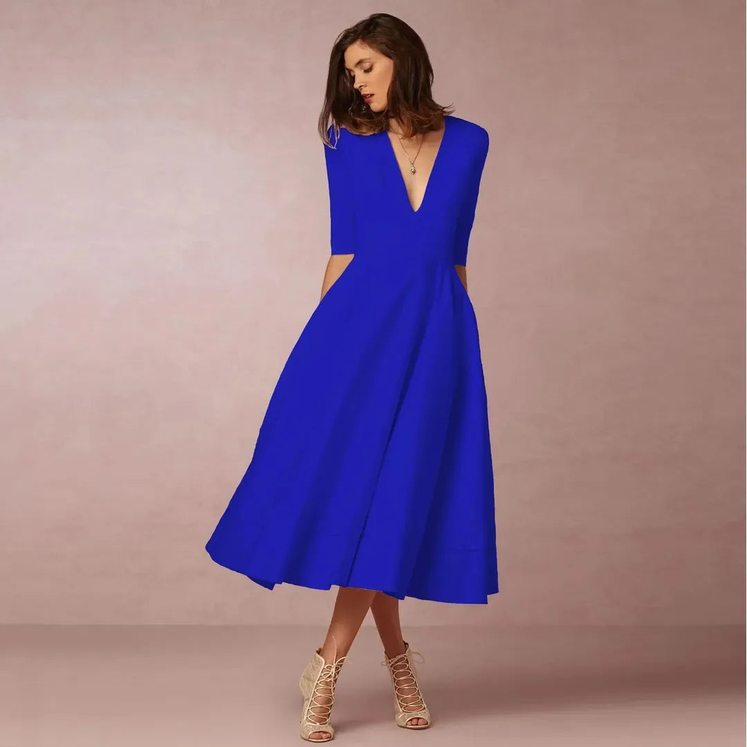 Victoria | Women’s V-Neck Midi Dress with A-Line Silhouette