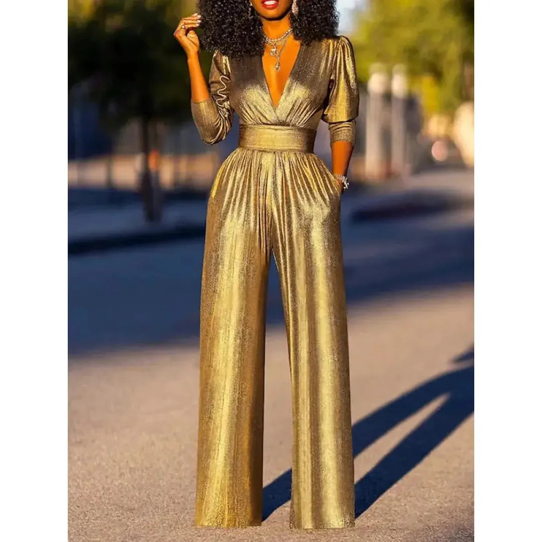 Claire | Women’s Shiny V-Neck Jumpsuit with 3/4 Sleeves