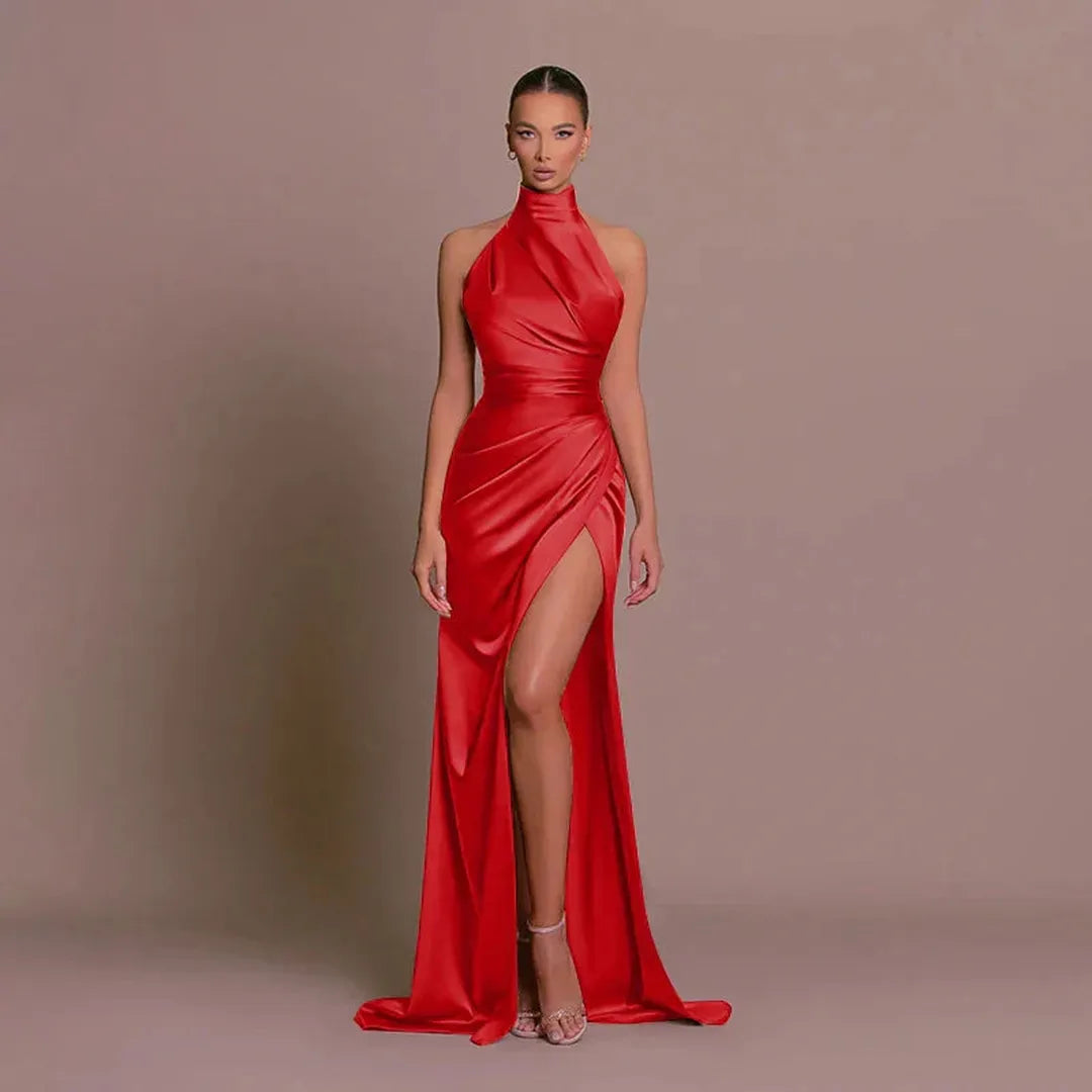 Nina | Women’s Halter Neck Satin Evening Dress with High Slit