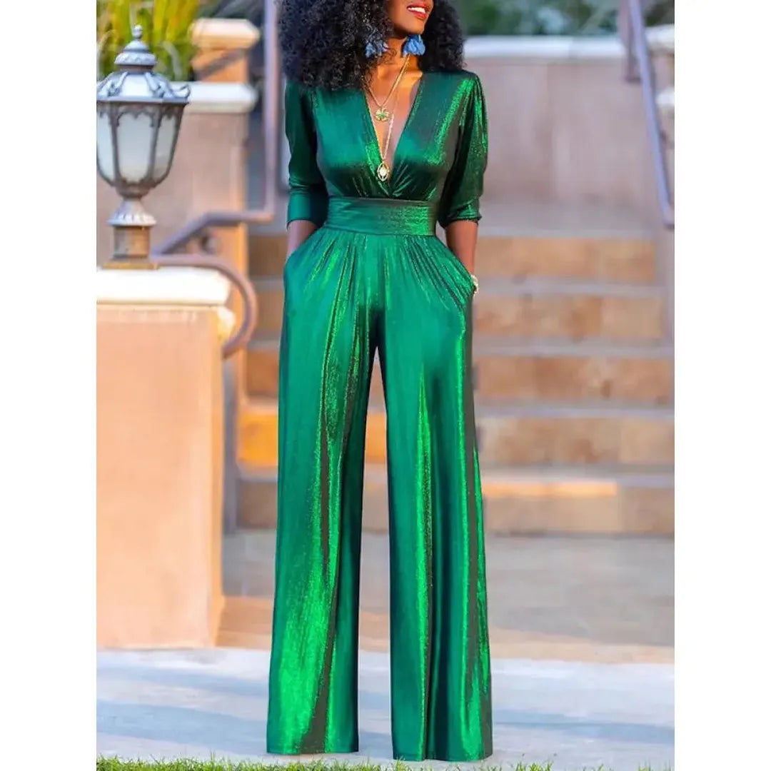 Claire | Women’s Shiny V-Neck Jumpsuit with 3/4 Sleeves