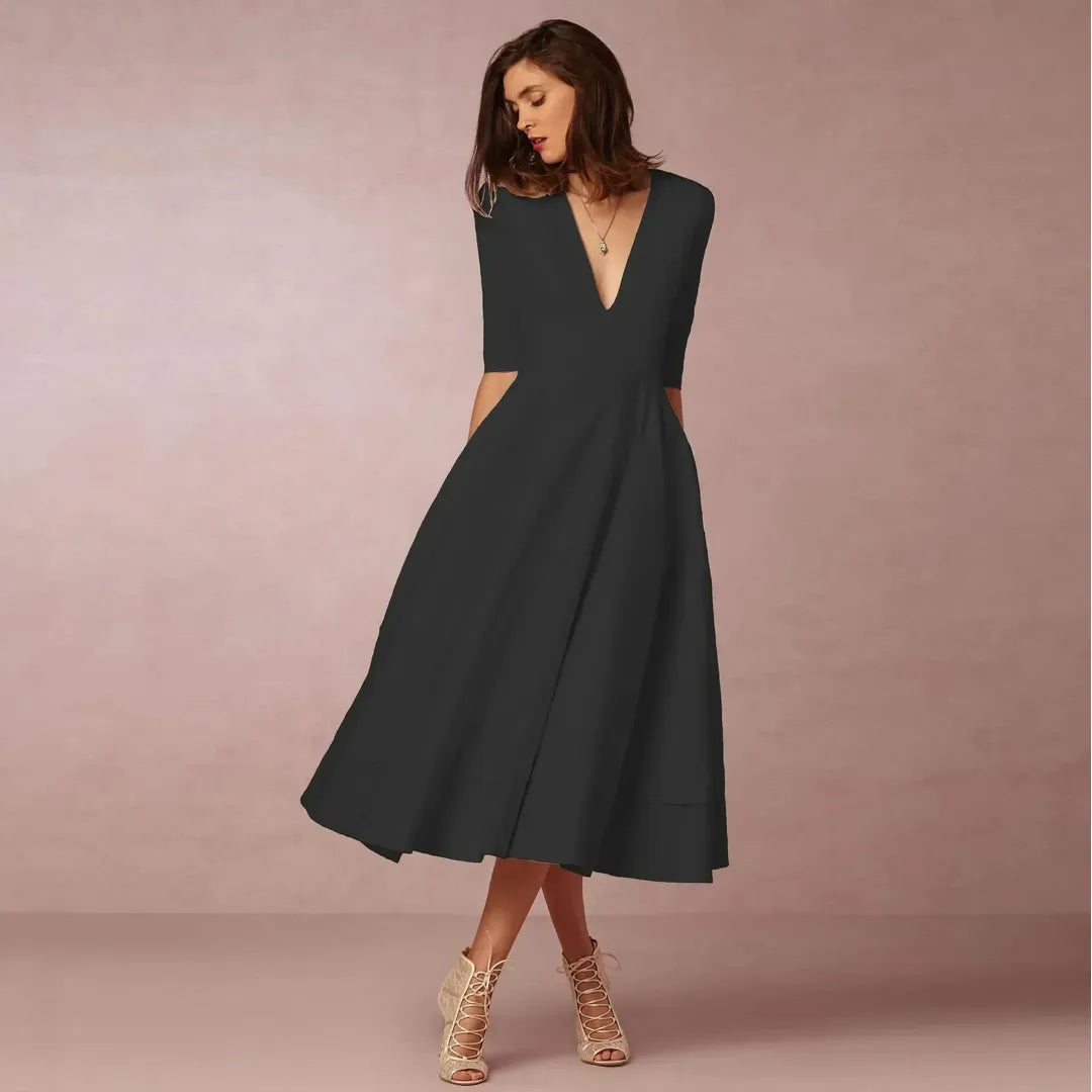 Victoria | Women’s V-Neck Midi Dress with A-Line Silhouette