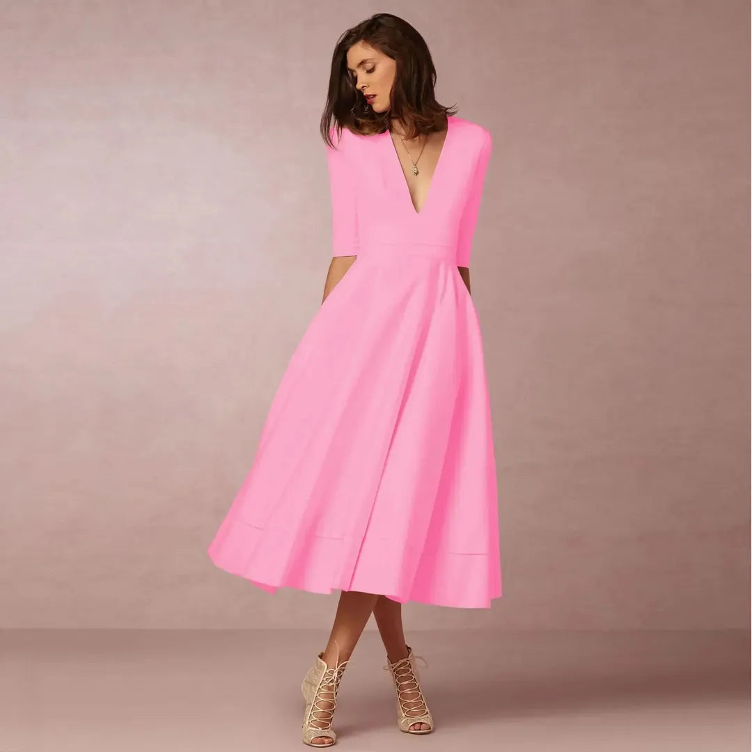 Victoria | Women’s V-Neck Midi Dress with A-Line Silhouette