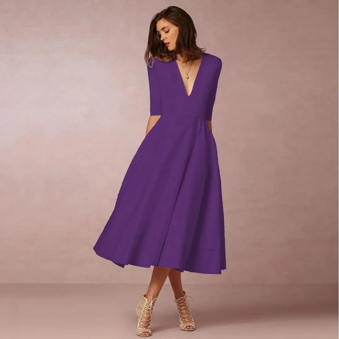 Victoria | Women’s V-Neck Midi Dress with A-Line Silhouette