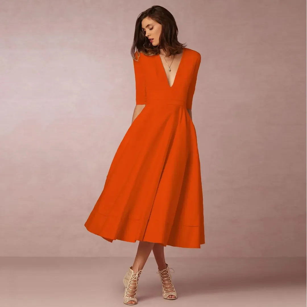 Victoria | Women’s V-Neck Midi Dress with A-Line Silhouette