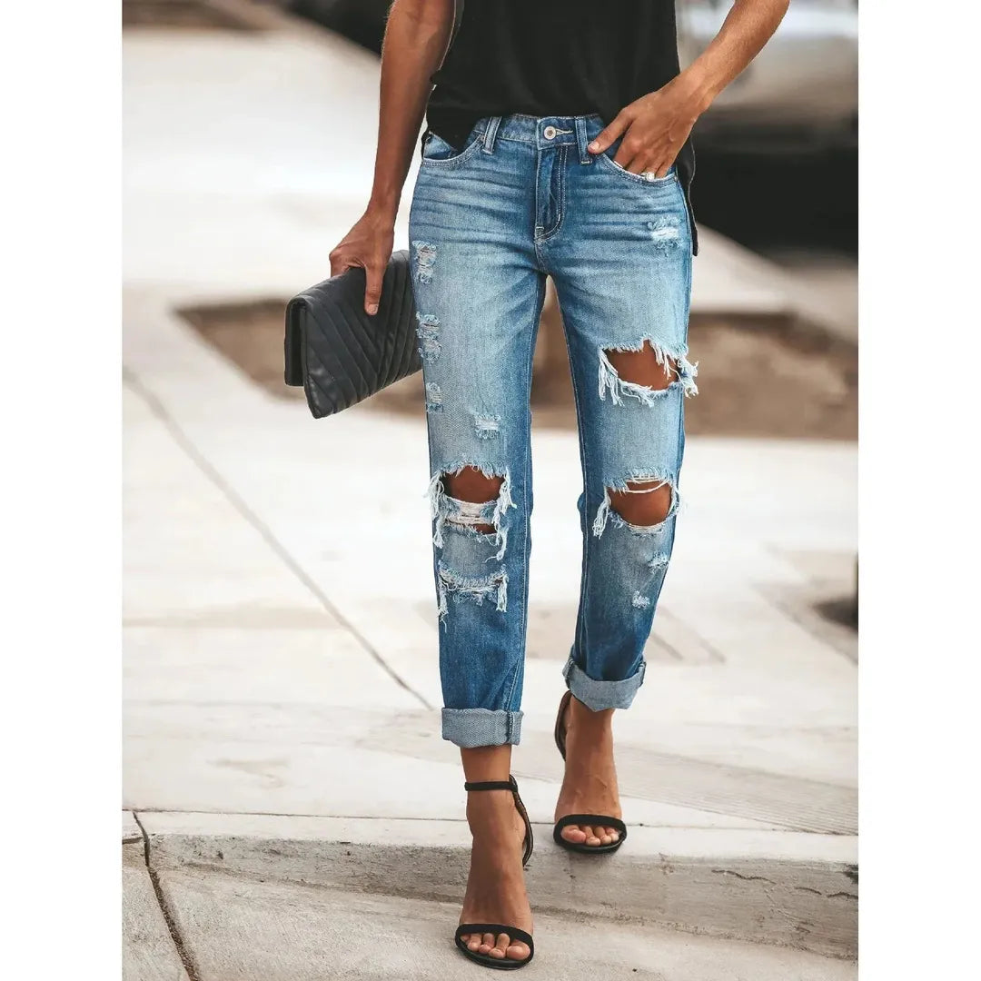 Emily | Women’s Mid-Waist Ripped Jeans with Straight Leg