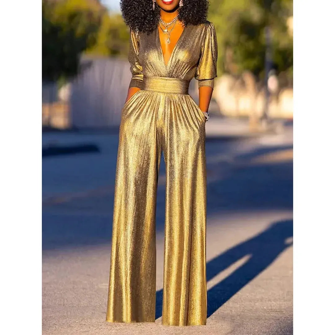 Claire | Women’s Shiny V-Neck Jumpsuit with 3/4 Sleeves