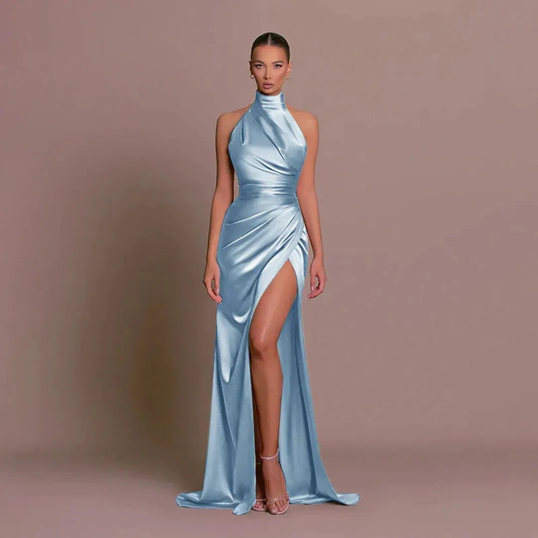 Nina | Women’s Halter Neck Satin Evening Dress with High Slit