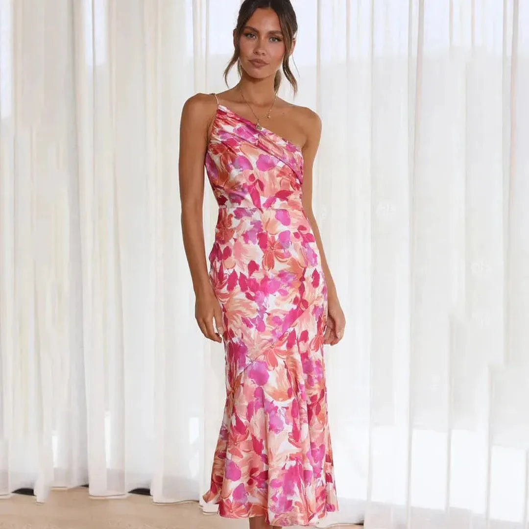 Isla | Asymmetrical Floral Midi Dress with One-Shoulder