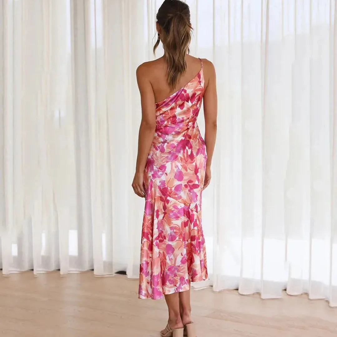 Isla | Asymmetrical Floral Midi Dress with One-Shoulder
