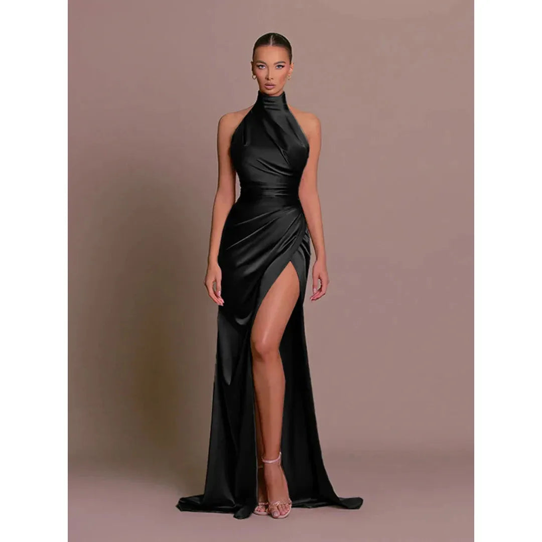 Nina | Women’s Halter Neck Satin Evening Dress with High Slit