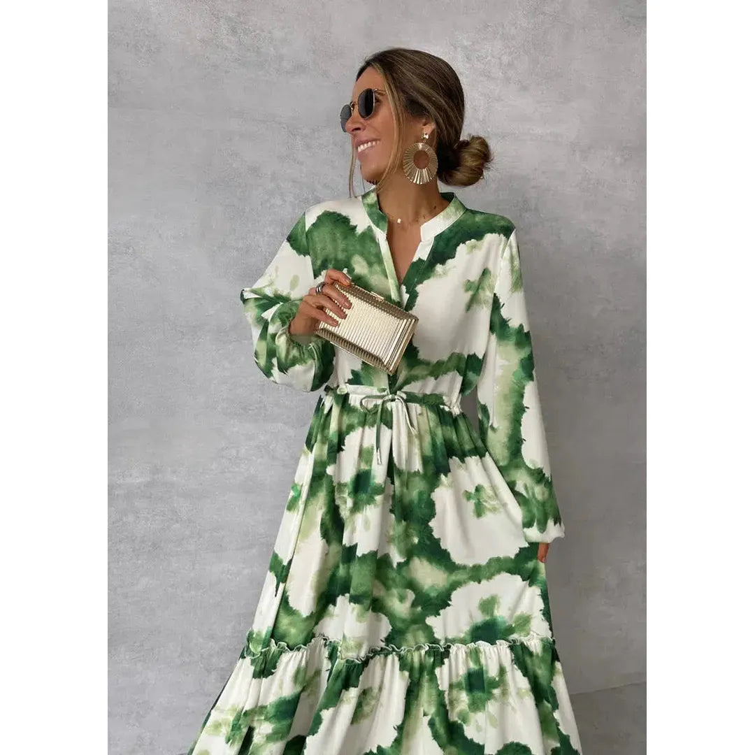 Autumn | Women’s V-Neck Maxi Dress with Long Sleeves