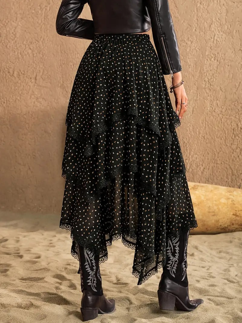 Women’s Tiered Midi Skirt with Lace Trim