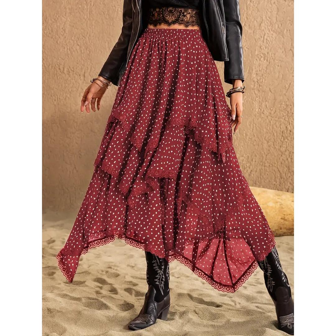 Women’s Tiered Midi Skirt with Lace Trim